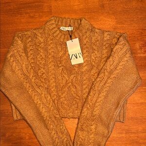 Zara Women's Brown Cropped Cable Knit Heavy Sweater Med